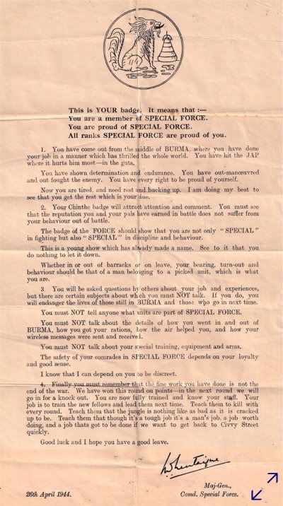 1944 Letter to Chindits from Maj Gen Lentaigne